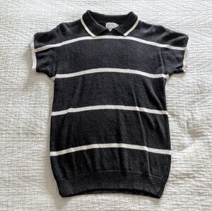 Rafaella Collared Short Sleeve Black &  White Stripe Linen Cotton Sweater Size S